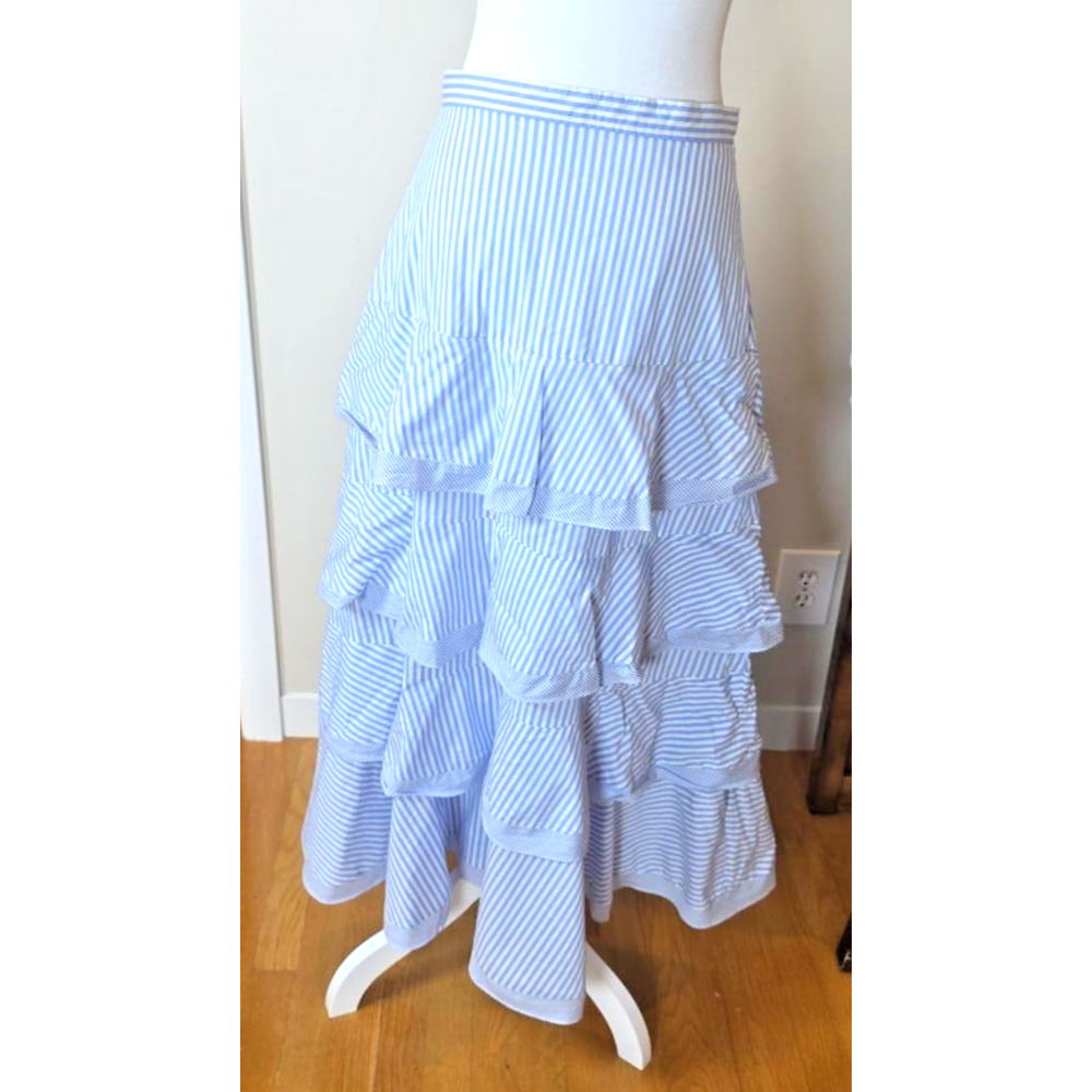 Sandro 38 Blue White Stripe Maxi Skirt Button Front Ruffle Coastal Preppy Resort - Picture 3 of 11